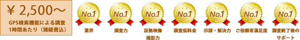 GPS検索機能による調査が1時間あたり諸経費込みで2,500円から承ります。業界No.1。調査力No.1。証拠映像撮影力No.1。調査低料金No.1。調査終了後のサポートNo.1。示談・解決力No.1。ご依頼者満足度業界No.1。
